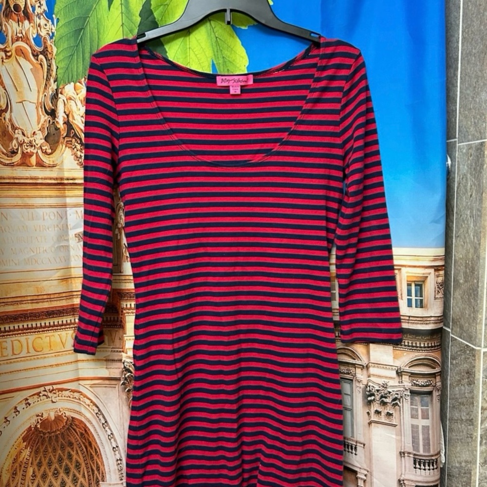 Betsey Johnson Red and Navy Blue Striped Mini Dress w back ruffles. Like new.